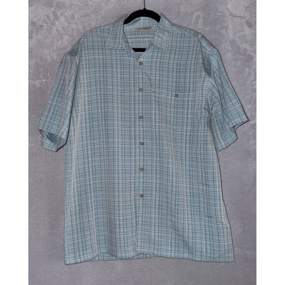 Paradise Collection Men's Large Green/Blue Plaid Rayon Blend Short Sleeve Button